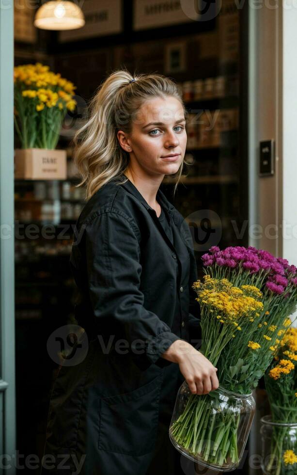 foto do mulher Como uma florista flor loja, generativo ai