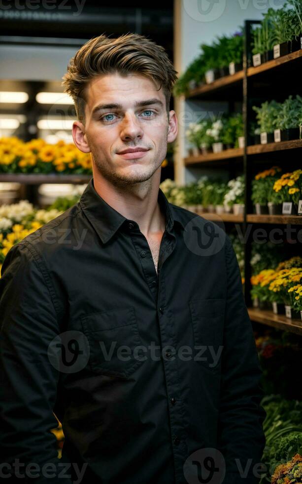 foto do homem Como uma florista flor loja, generativo ai