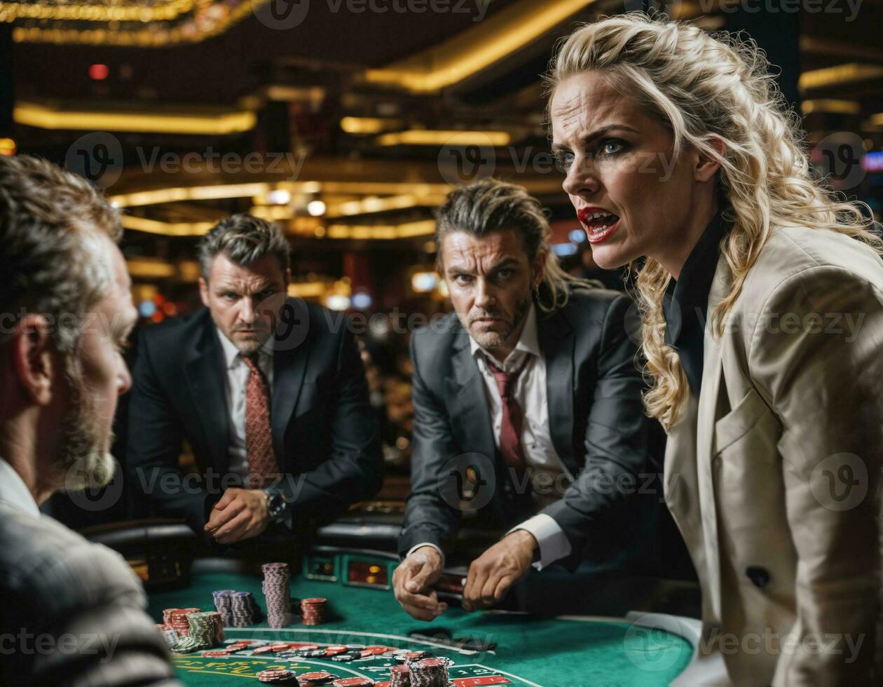 foto do Bravo e chateado jogador mulher dentro cassino, generativo ai