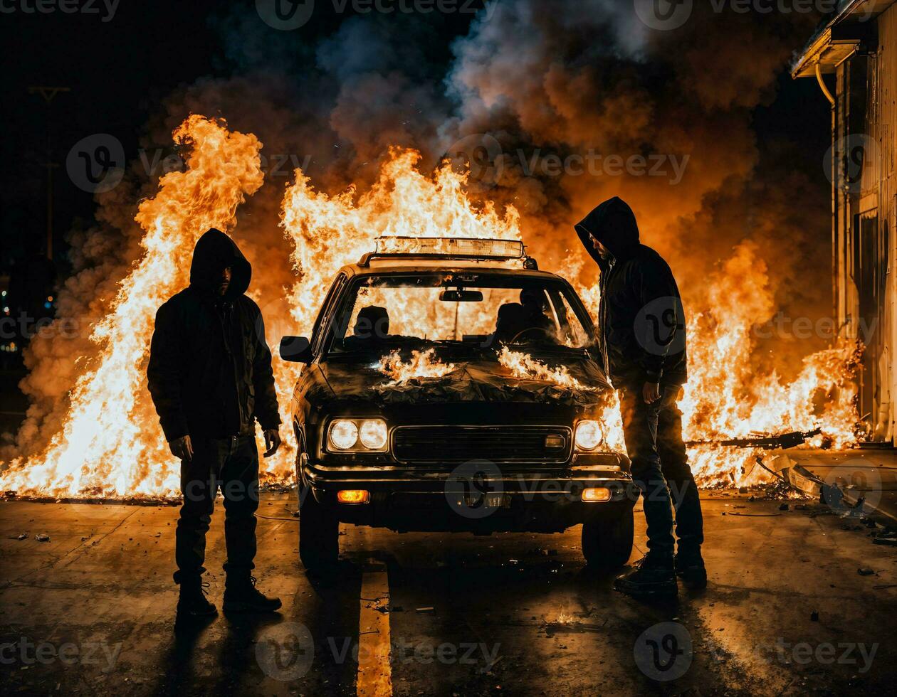 foto do homem vestindo moletom com capuz Jaqueta dentro frente do queimando carro cobrir com fogo, generativo ai