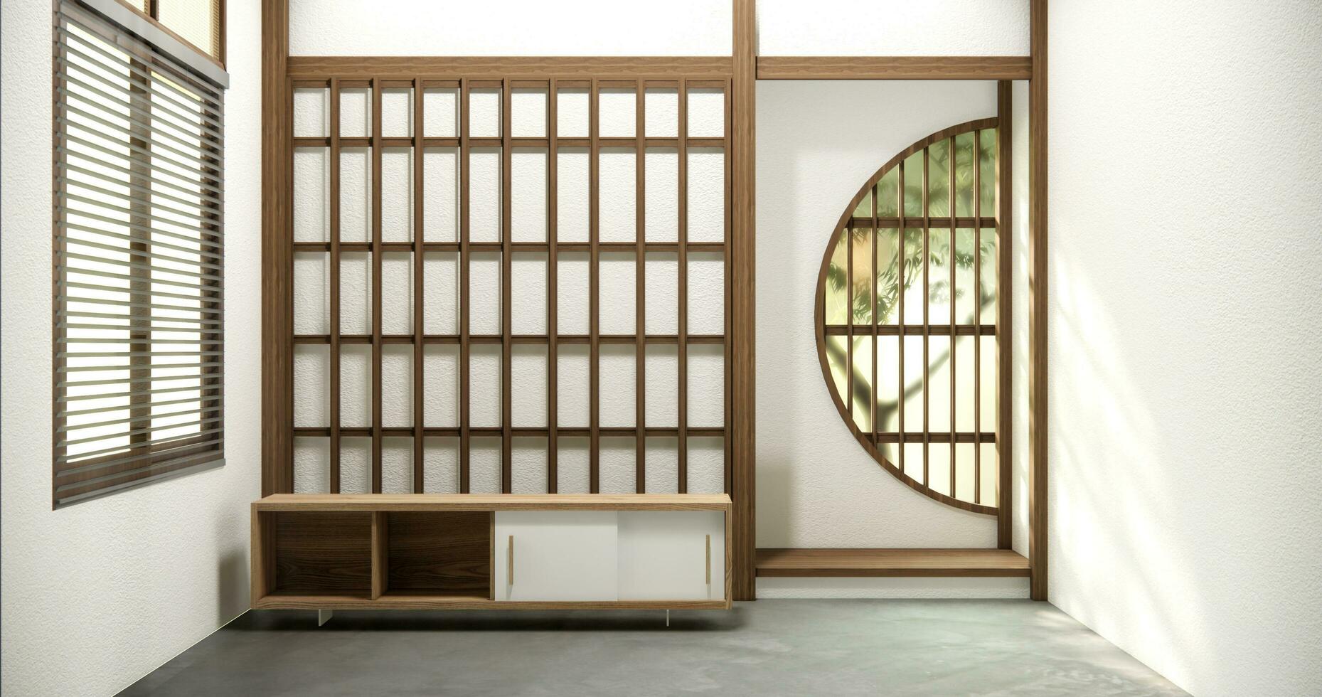 televisão gabinete dentro moderno esvaziar quarto japonês - zen estilo, mínimo projetos. foto