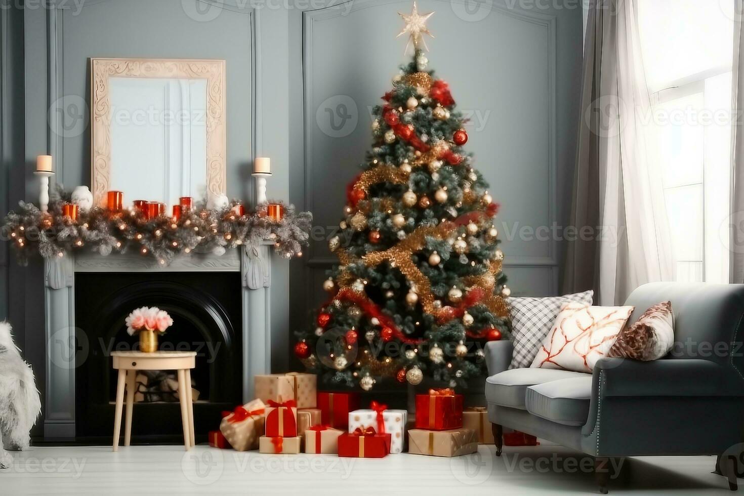 à moda vivo quarto interior com decorado Natal árvore. generativo ai. foto