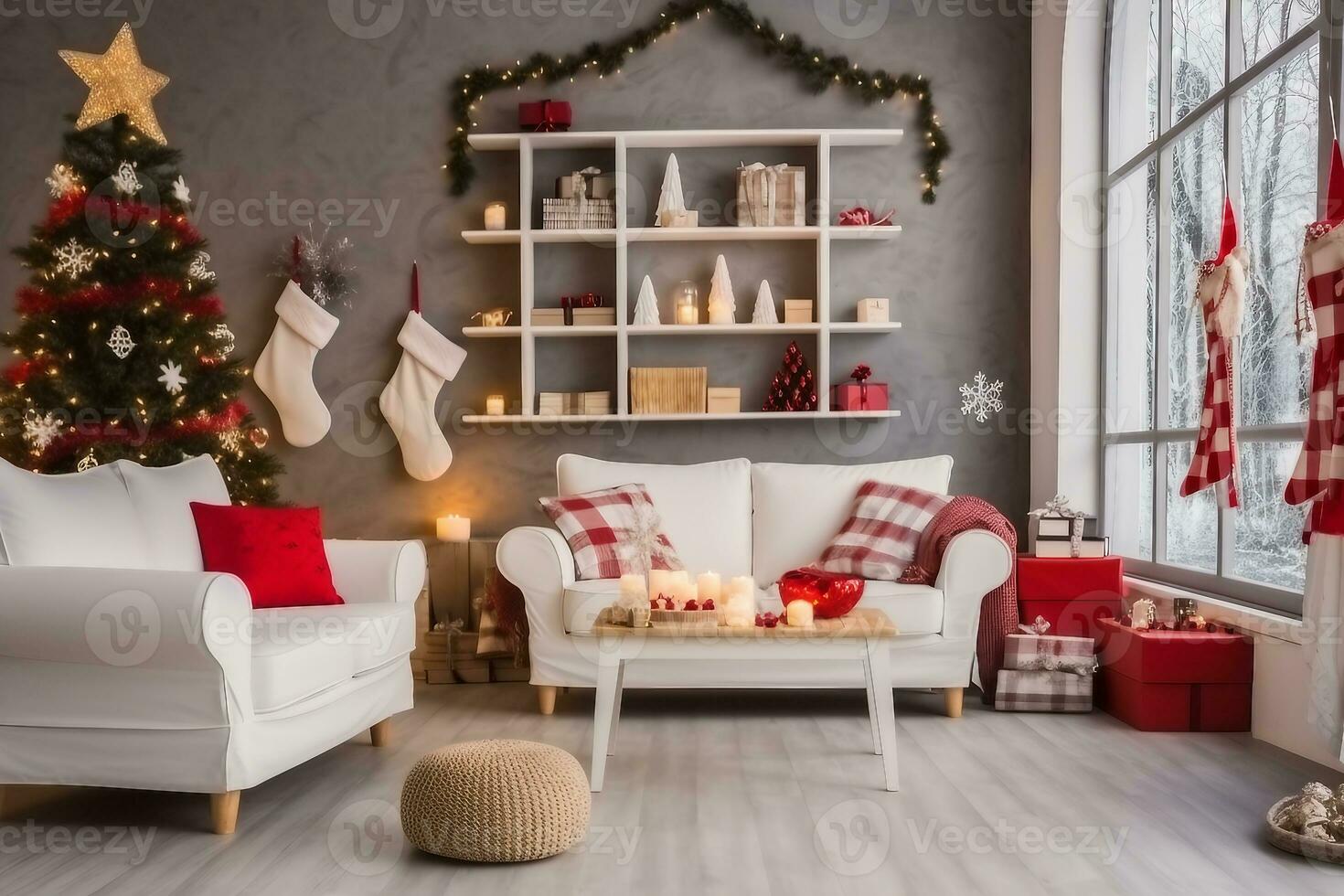 lindo holdiay decorado quarto com Natal árvore com apresenta debaixo isto. generativo ai. foto