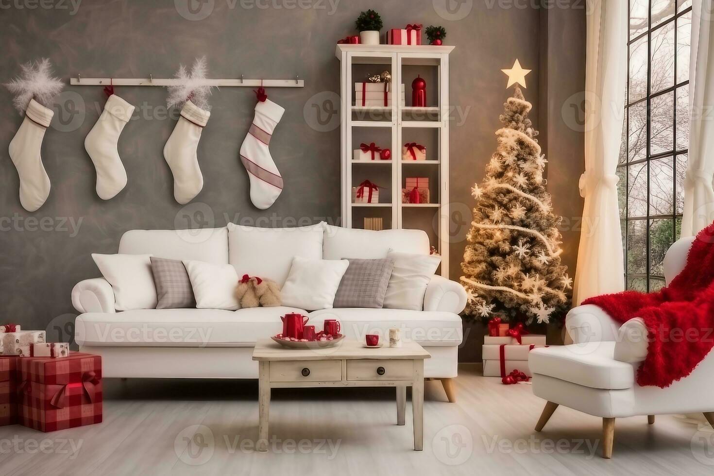 lindo holdiay decorado quarto com Natal árvore com apresenta debaixo isto. generativo ai. foto