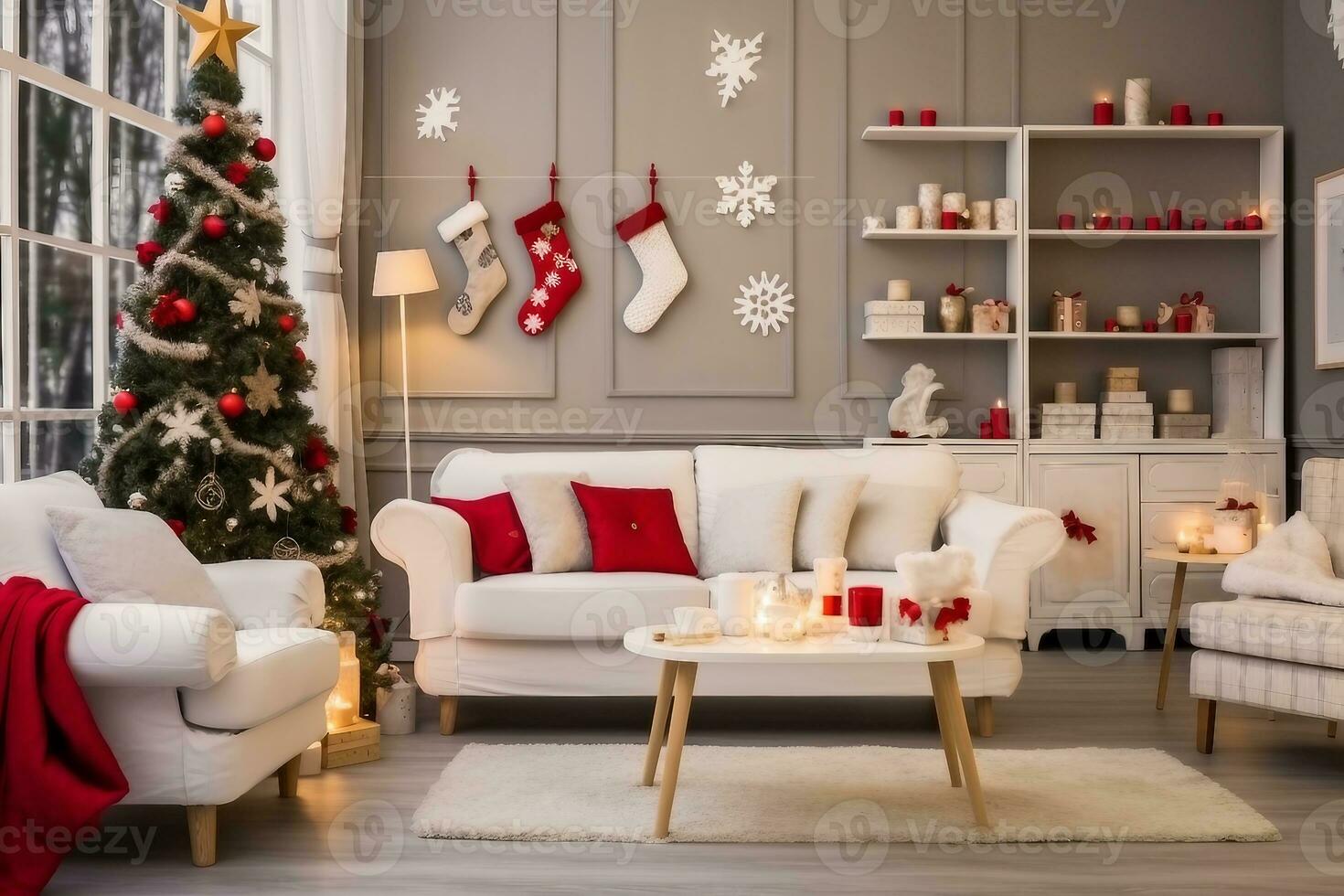 lindo holdiay decorado quarto com Natal árvore com apresenta debaixo isto. generativo ai. foto