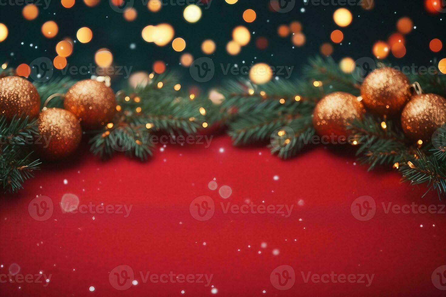 Natal fundo com natal árvore e brilhar bokeh luzes em vermelho tela de pintura fundo. alegre Natal cartão. inverno feriado tema. feliz Novo ano. espaço para texto. generativo ai. foto