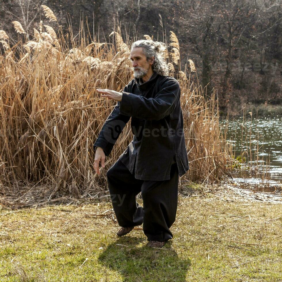 maduro homem praticando tai chi disciplina ao ar livre foto