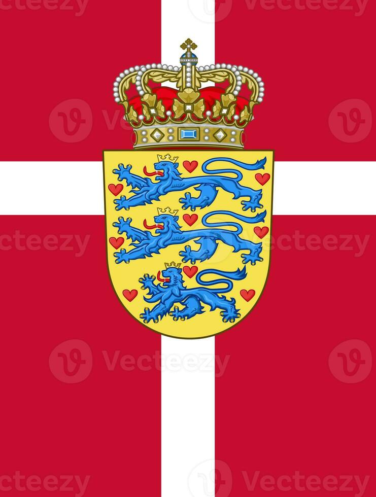 a oficial atual bandeira e casaco do braços do Dinamarca. Estado bandeira do Dinamarca. ilustração. foto