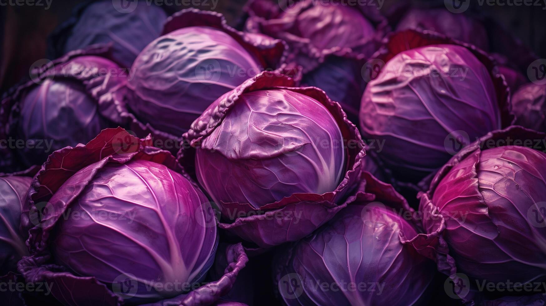 realista foto do uma grupo do vermelho repolho. topo Visão legumes cenário. ai gerado