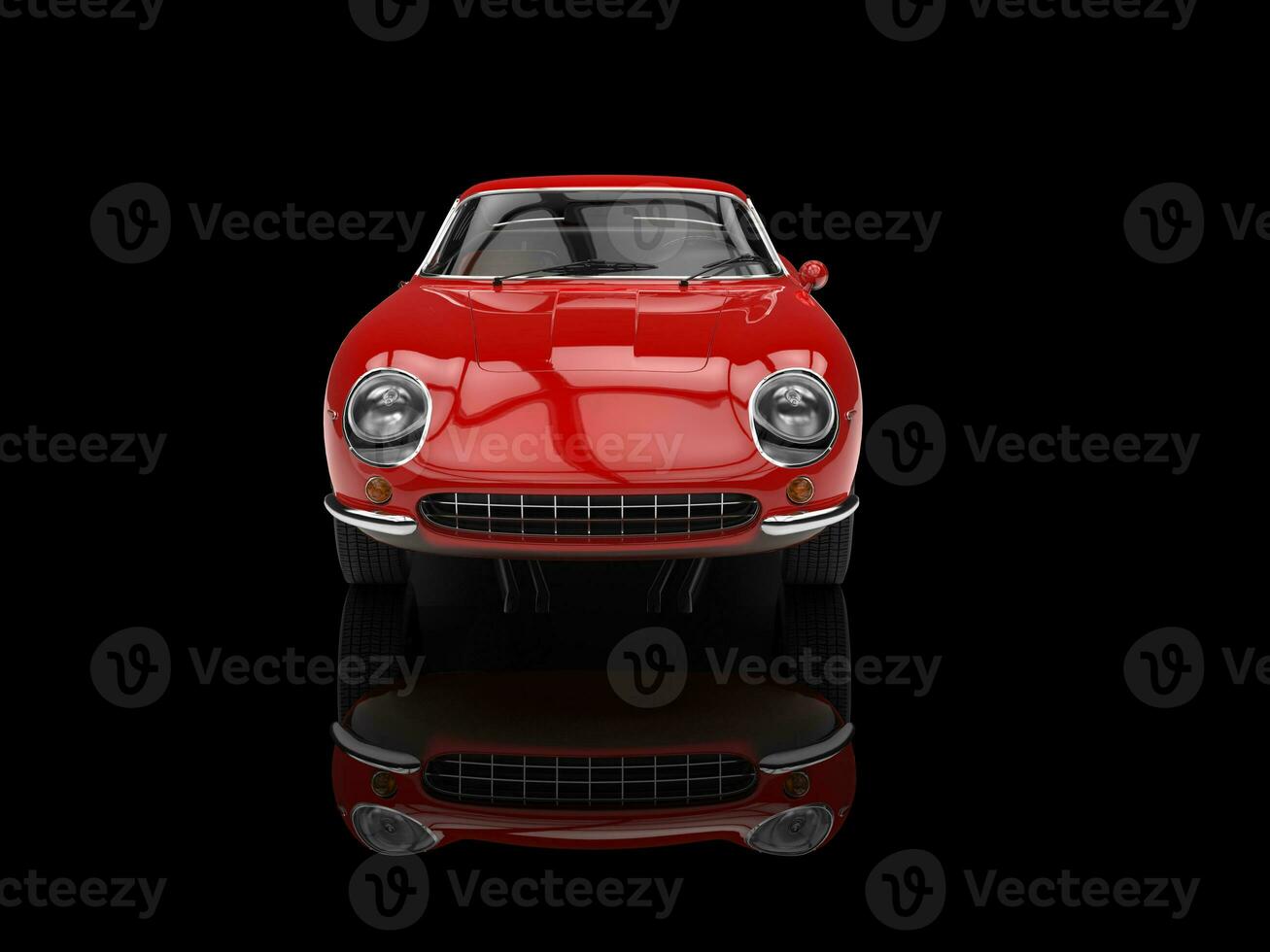 vermelho clássico Esportes carro - frente Visão - isolado em Preto reflexivo fundo foto