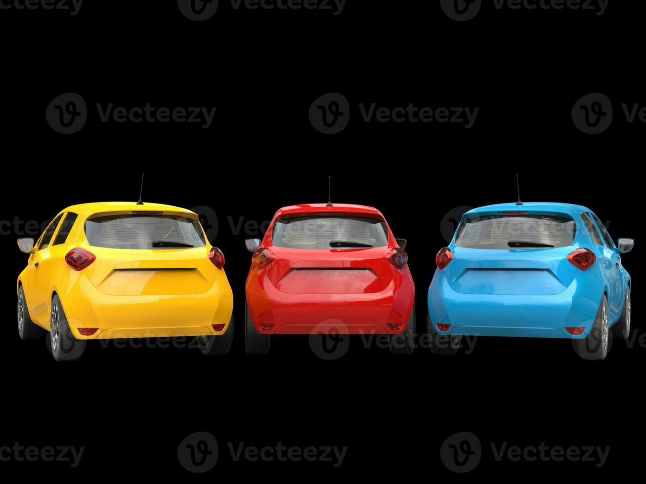 moderno elétrico eco carros dentro amarelo, azul e vermelho - costas Visão - 3d render foto