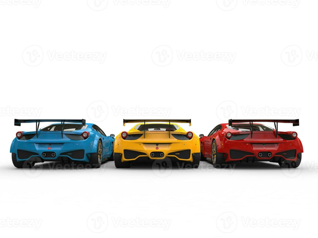 moderno luxo carros esportivos dentro vermelho, amarelo e azul cores - costas Visão foto