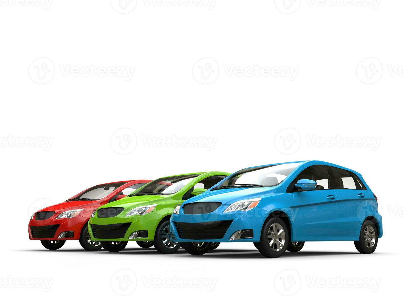 moderno pequeno compactar econômico carros dentro vermelho, verde e azul foto