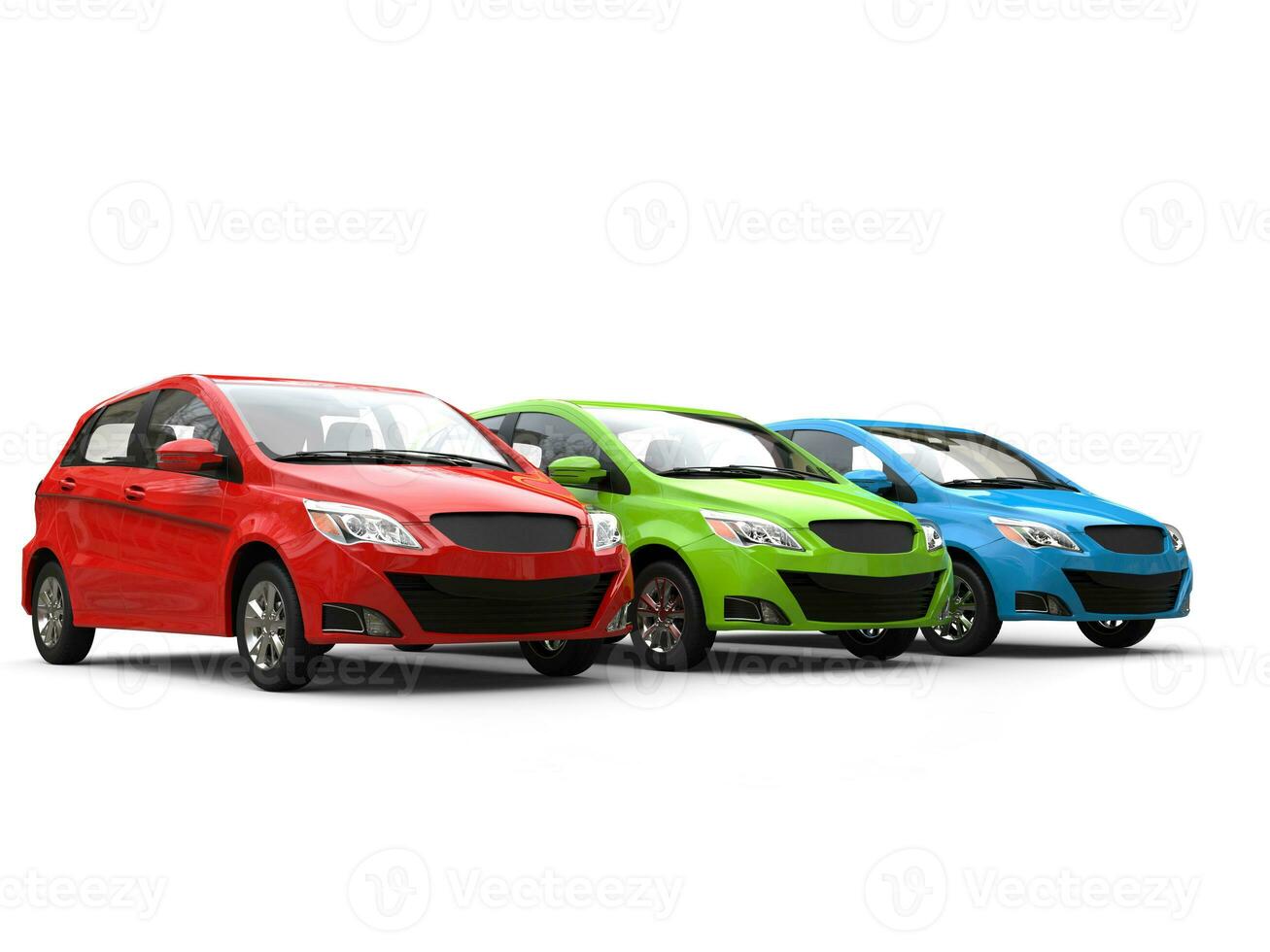 moderno pequeno compactar econômico carros dentro vermelho, verde e azul cores foto
