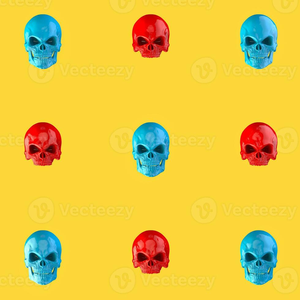 brilhante vermelho e azul crânios padronizar em ensolarado amarelo fundo foto