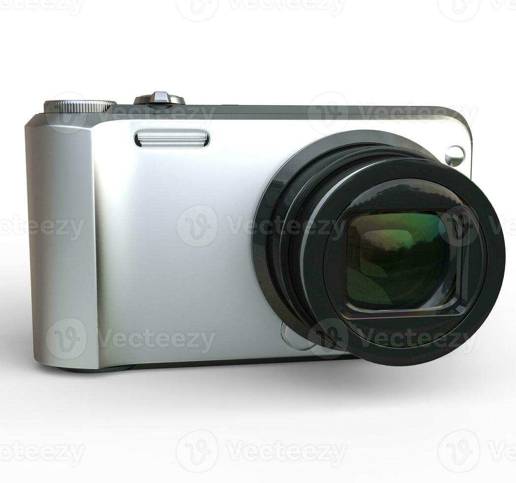 pequeno prata Câmera em branco fundo fechar acima tomada, ideal para digital e impressão Projeto. foto