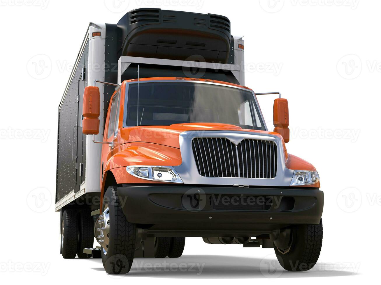 laranja carga geladeira caminhão com Preto reboque foto
