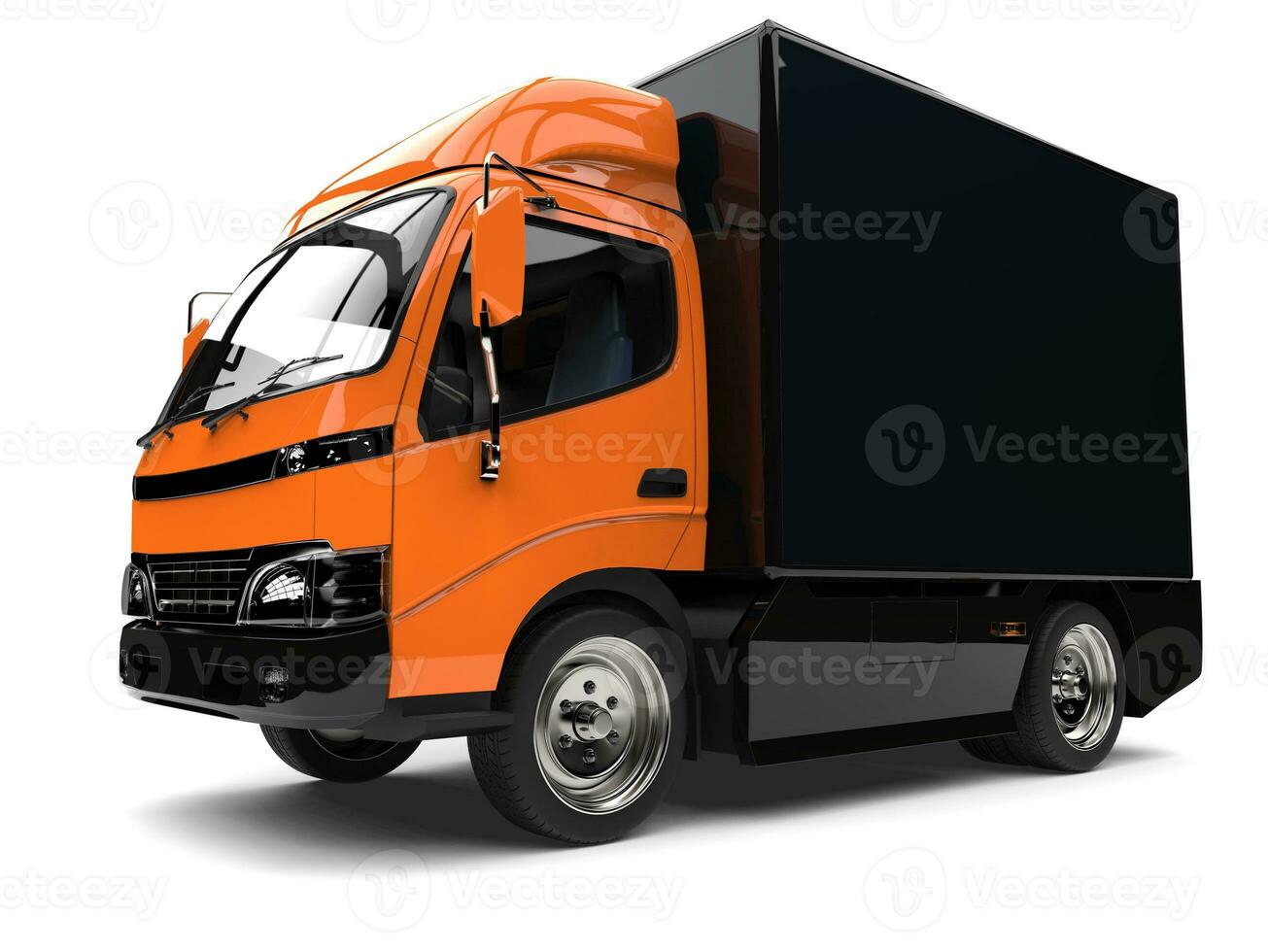 laranja pequeno caixa caminhão com Preto reboque foto