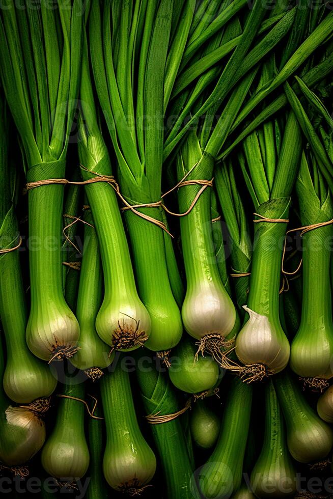 realista foto do uma grupo do verde cebola. topo Visão legumes cenário. ai gerado