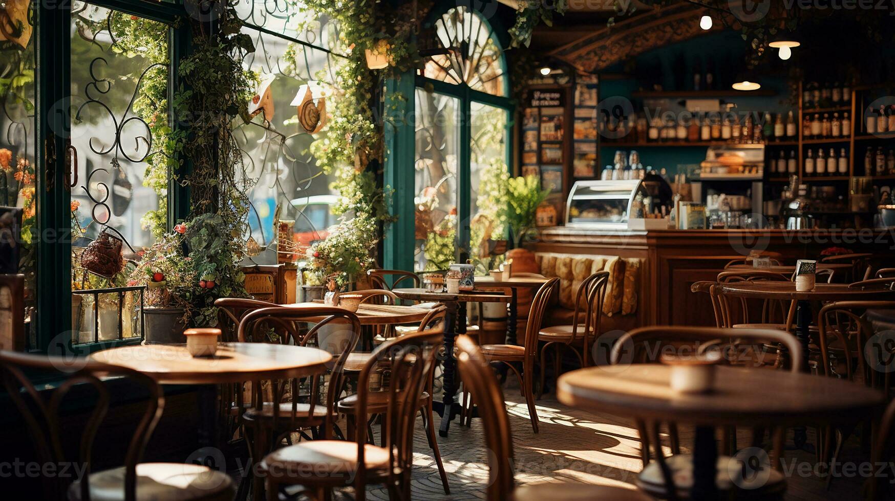 acolhedor cafeteria bistro com borrado fundo e de madeira montagem. generativo ai foto