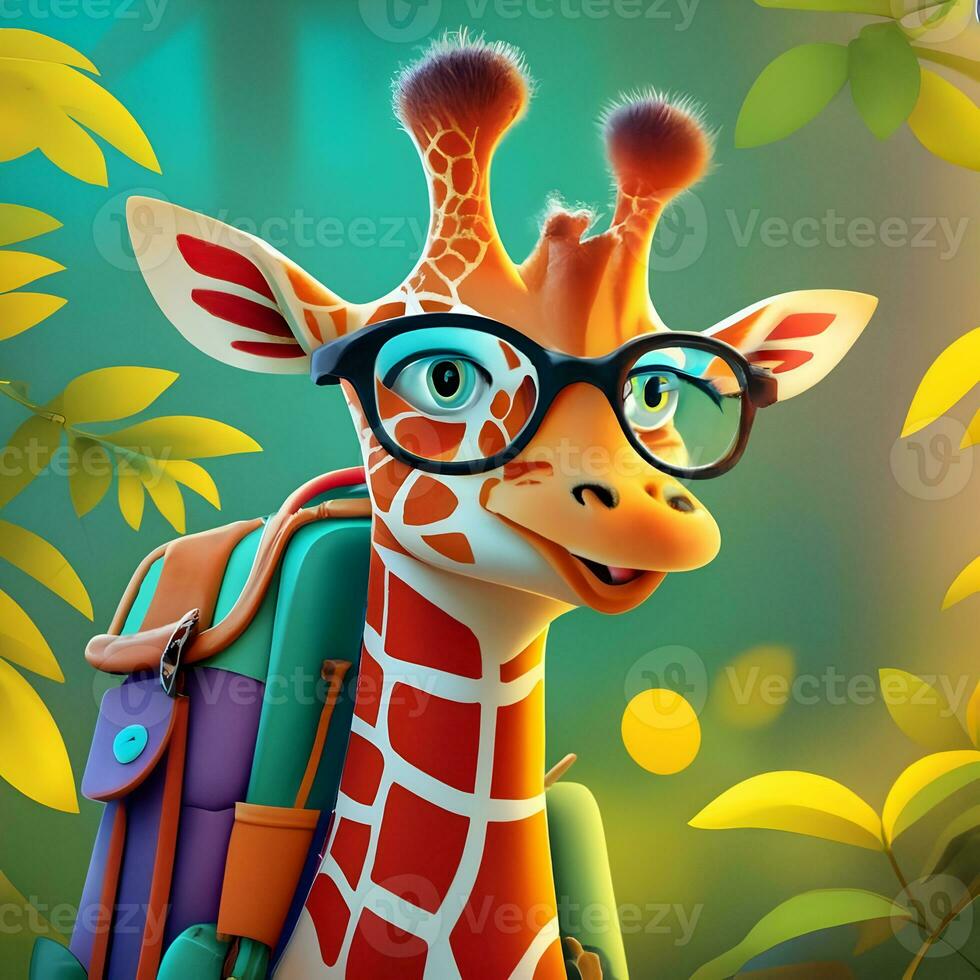 3d personagem para a animado crianças mostrar. Projeto uma amigáveis e colorida antropomórfico animal, gostar uma falando girafa com de grandes dimensões óculos e uma mochila cheio do aventura suprimentos, foto