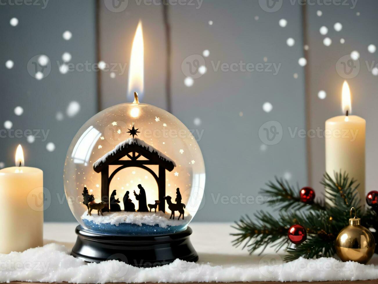 Natal neve globo com nat cena e velas. ai gerado foto