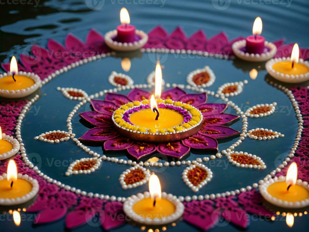 uma vela flutuando dentro uma lagoa com flores ai gerado foto