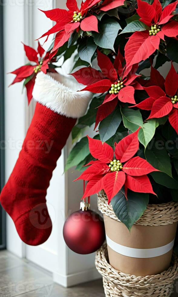 foto do Natal meias suspensão perto uma poinsétia plantar. ai gerado