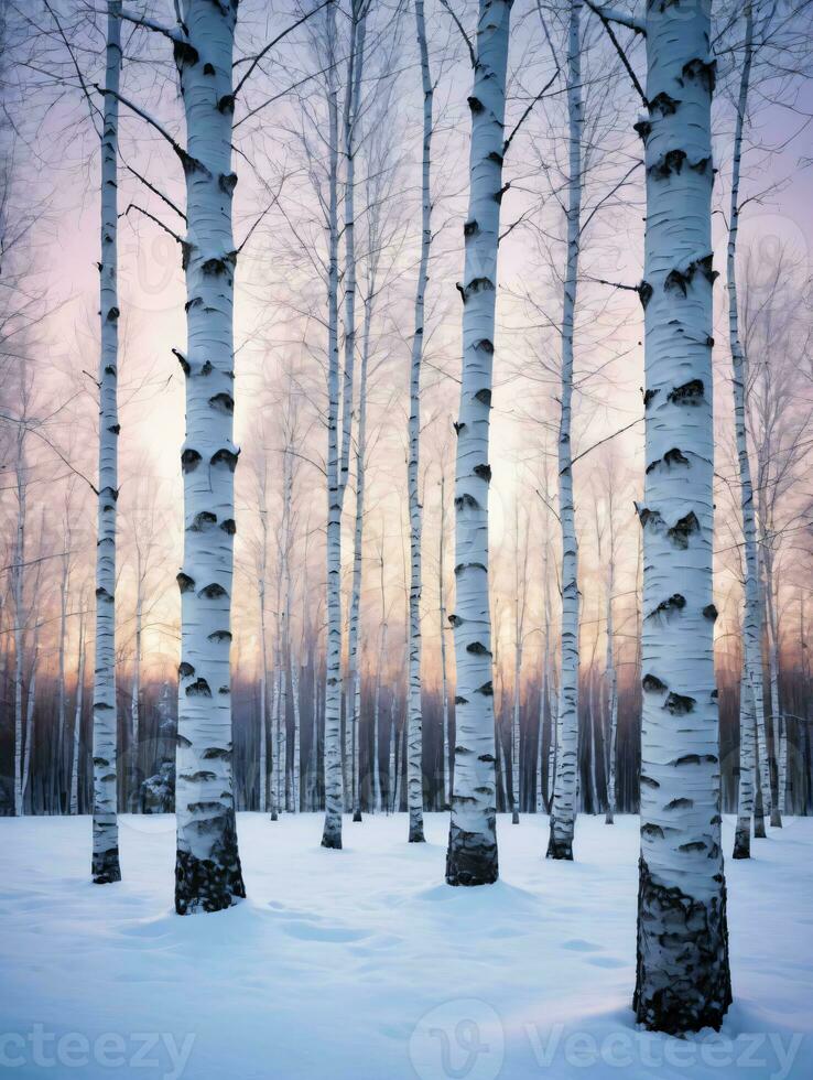 foto do Natal Nevado bétula árvores às crepúsculo. ai gerado