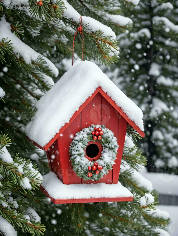 foto do Natal coberto de neve Casa de passarinho em uma pinho árvore. ai gerado