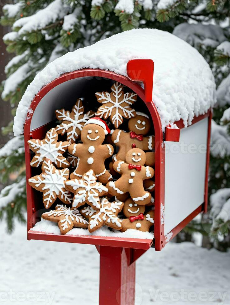 foto do Natal coberto de neve caixa de correio preenchidas com Pão de gengibre biscoitos. ai gerado