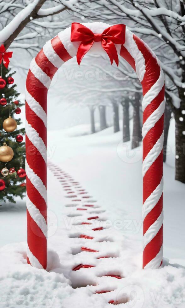 foto do Natal Nevado pegadas conduzindo para uma doce bengala arco com suspensão meias. ai gerado