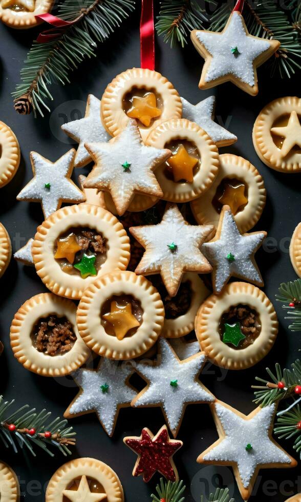 foto do Natal pinho árvore adornado com picadinho tortas ouropel e em forma de estrela biscoitos. ai gerado
