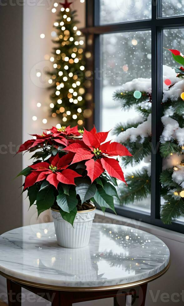 foto do Natal poinsétia plantar cercado de flocos de neve e fada luzes em uma mármore mesa Próximo para uma grande janela. ai gerado