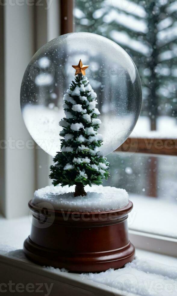 uma neve globo apresentando uma Natal árvore colocada em uma Nevado janela peitoril tiro às alvorecer. ai gerado foto