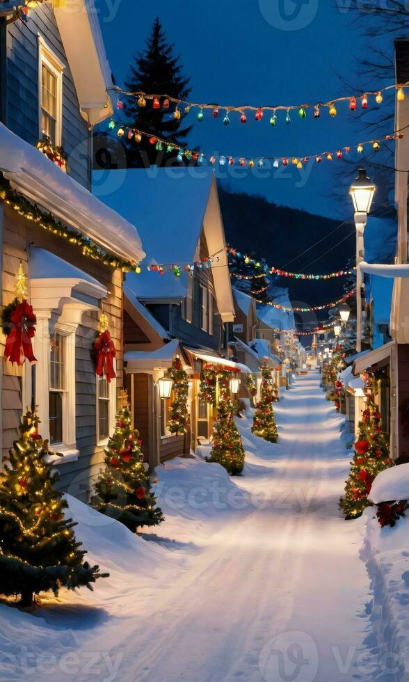 uma Nevado Vila rua às crepúsculo com casas adornado de colorida Natal luzes dourado sinos e grinaldas. ai gerado foto