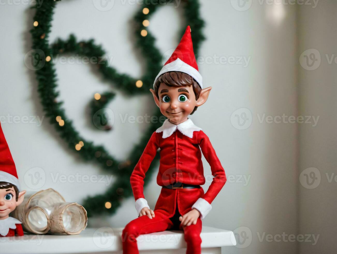 dois elfs sentado em uma mesa com uma Natal guirlanda dentro a fundo. ai gerado foto