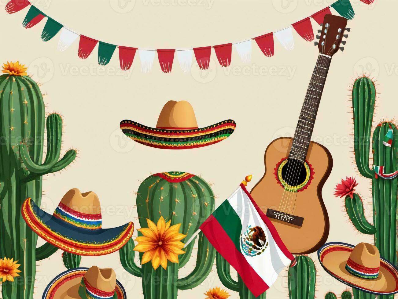 uma mexicano guitarra chapéu e cacto com uma mexicano bandeira. ai gerado foto