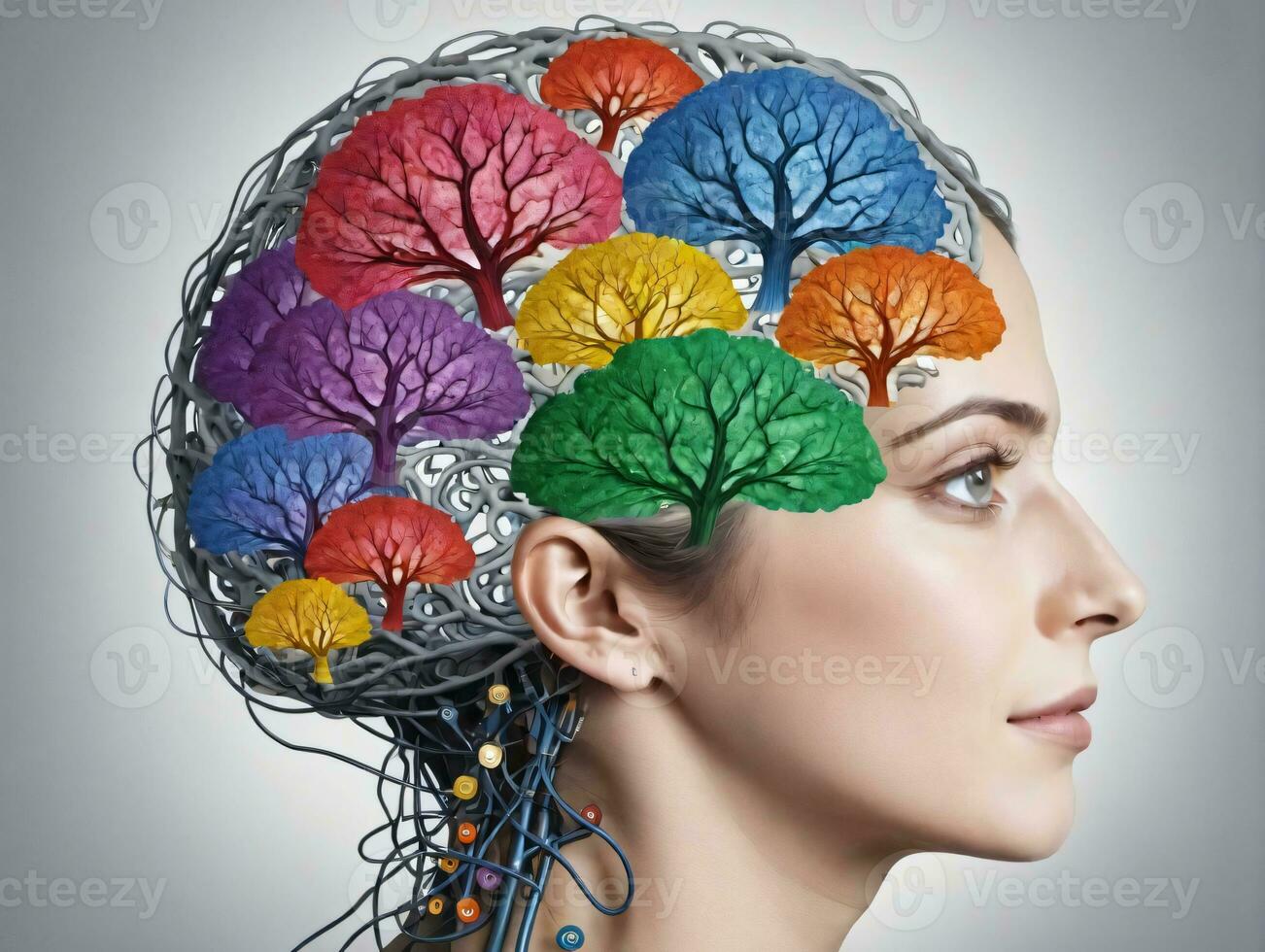 uma mulher com uma cérebro fez Fora do colorida árvores ai gerado foto