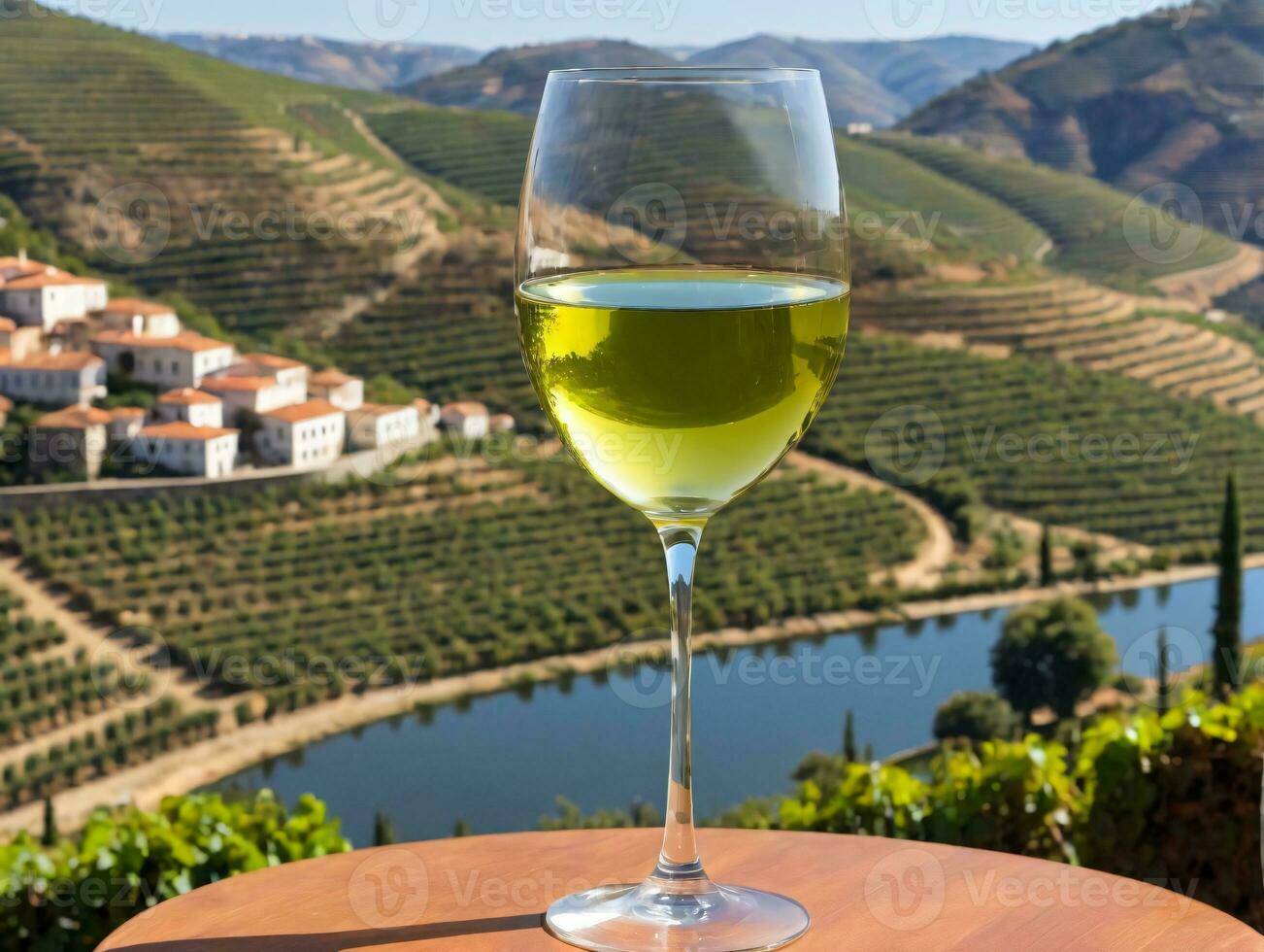 uma vidro do vinho em uma mesa com uma Visão do uma vale. ai gerado foto