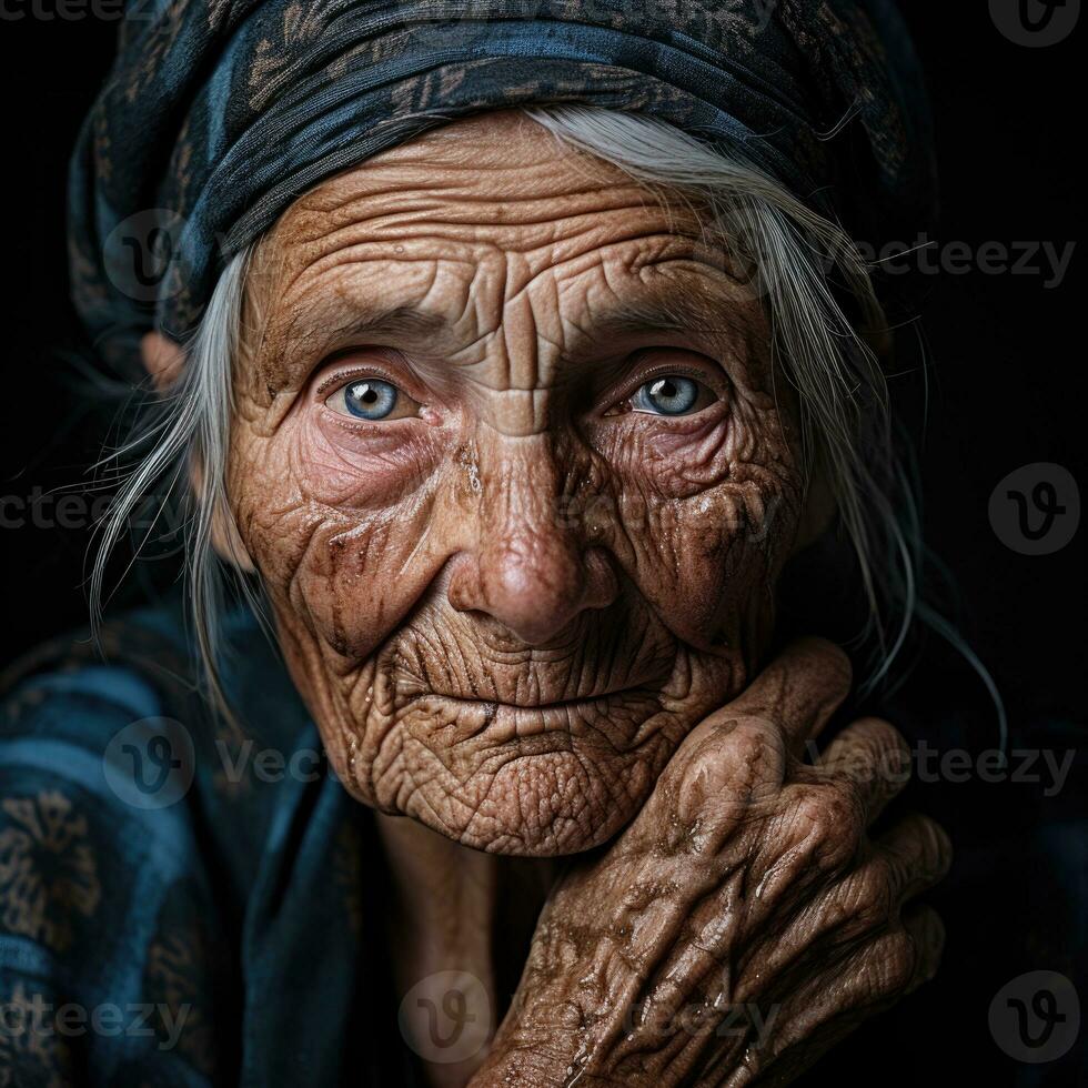 a velho mulher com profundo rugas. gerado por IA foto