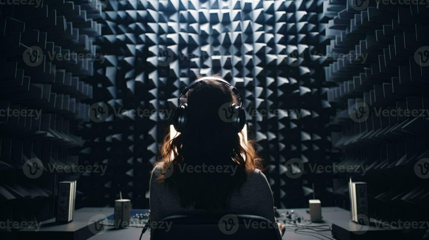 uma mulher vestindo fones de ouvido sentado dentro frente do uma microfone ai gerado foto