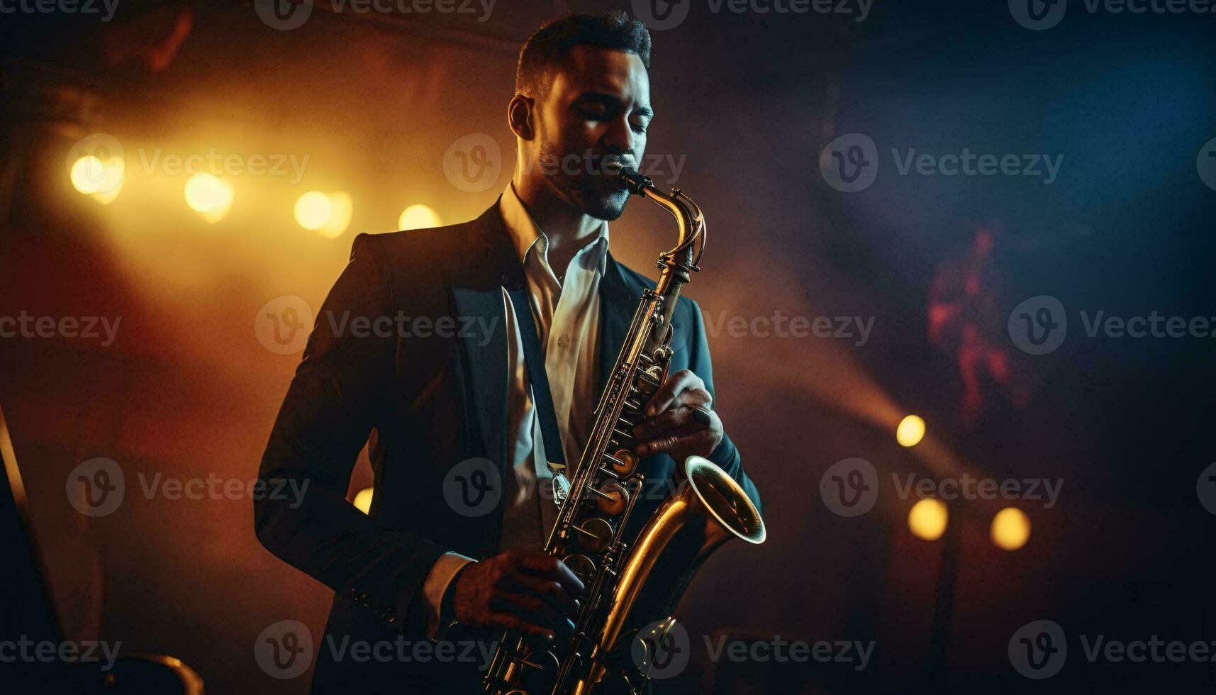 uma homem jogando a saxofone dentro uma à moda terno ai gerado foto