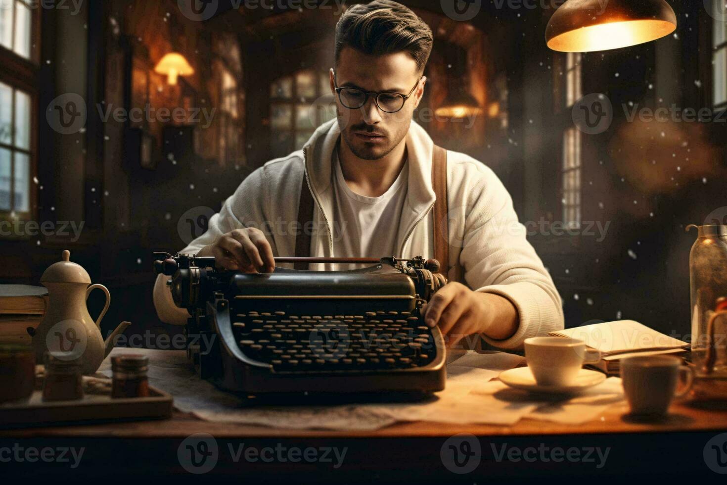 uma homem absorta dentro escrevendo em uma vintage máquina de escrever às uma mesa ai gerado foto