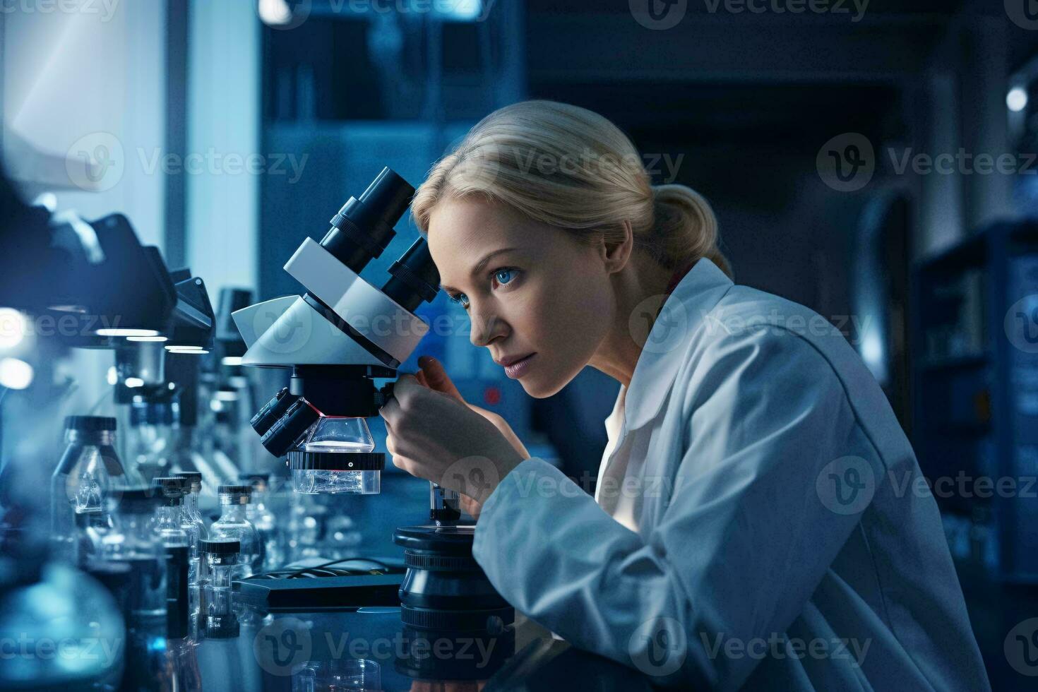 uma fêmea cientista trabalhando com uma microscópio dentro uma laboratório ai gerado foto