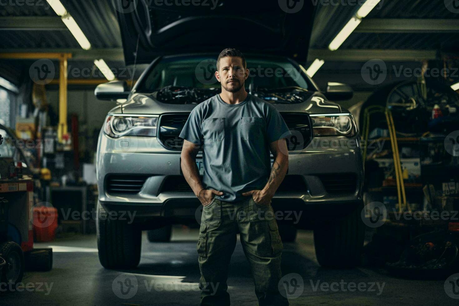 uma homem posando com uma carro dentro uma garagem ai gerado foto