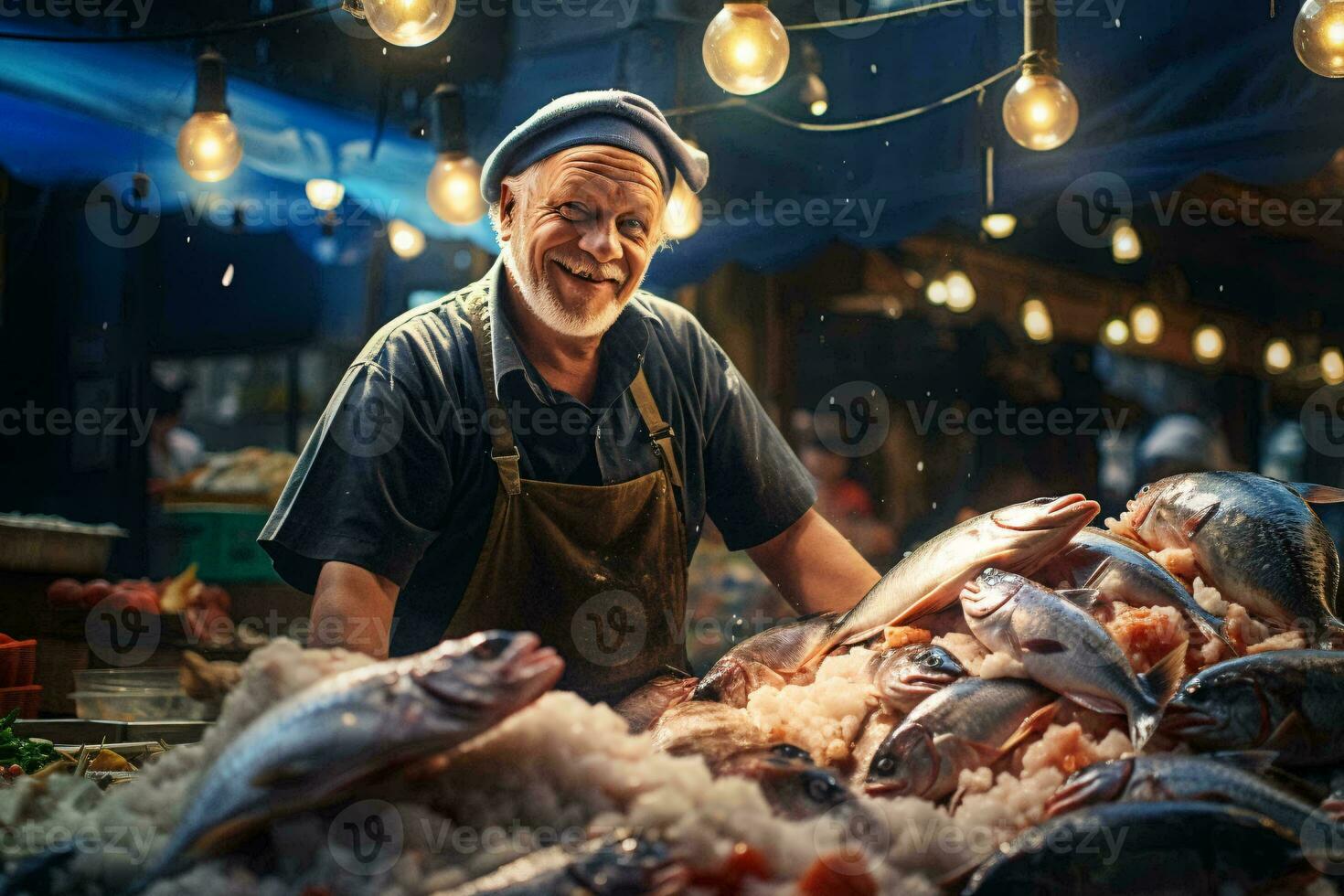 uma homem em pé dentro frente do uma pilha do peixe ai gerado foto