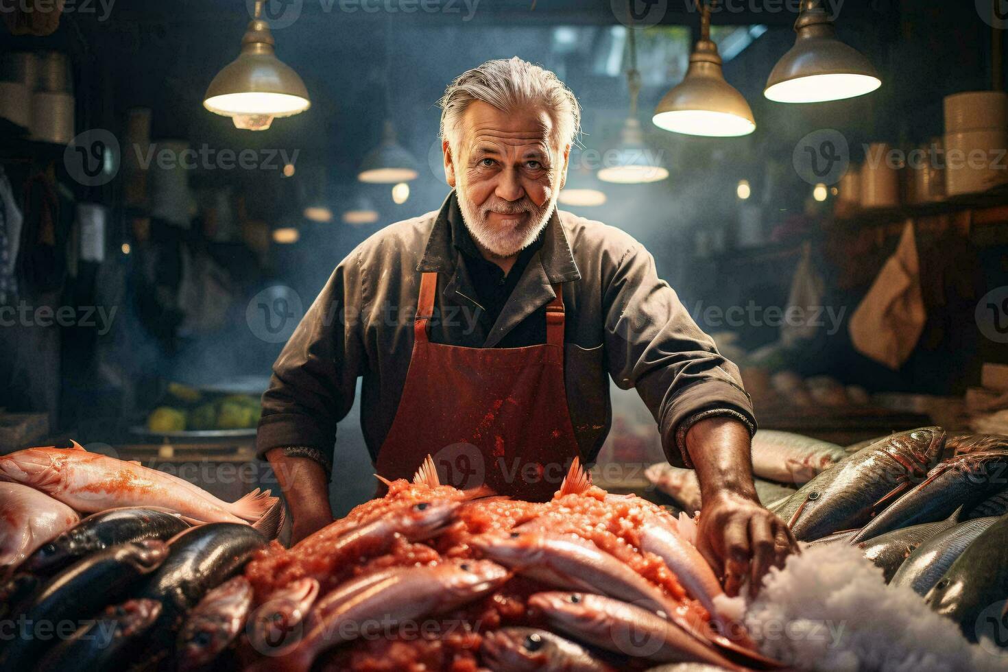 uma homem em pé dentro frente do uma escola do peixe ai gerado foto