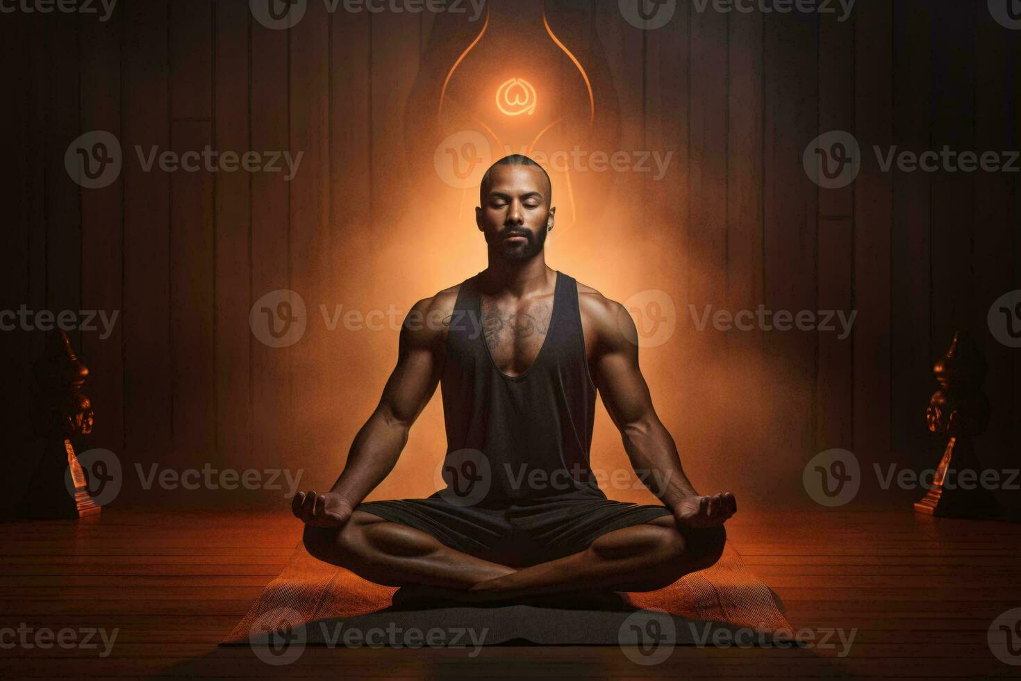 uma homem dentro uma meditativo pose dentro uma vagamente aceso quarto ai gerado foto