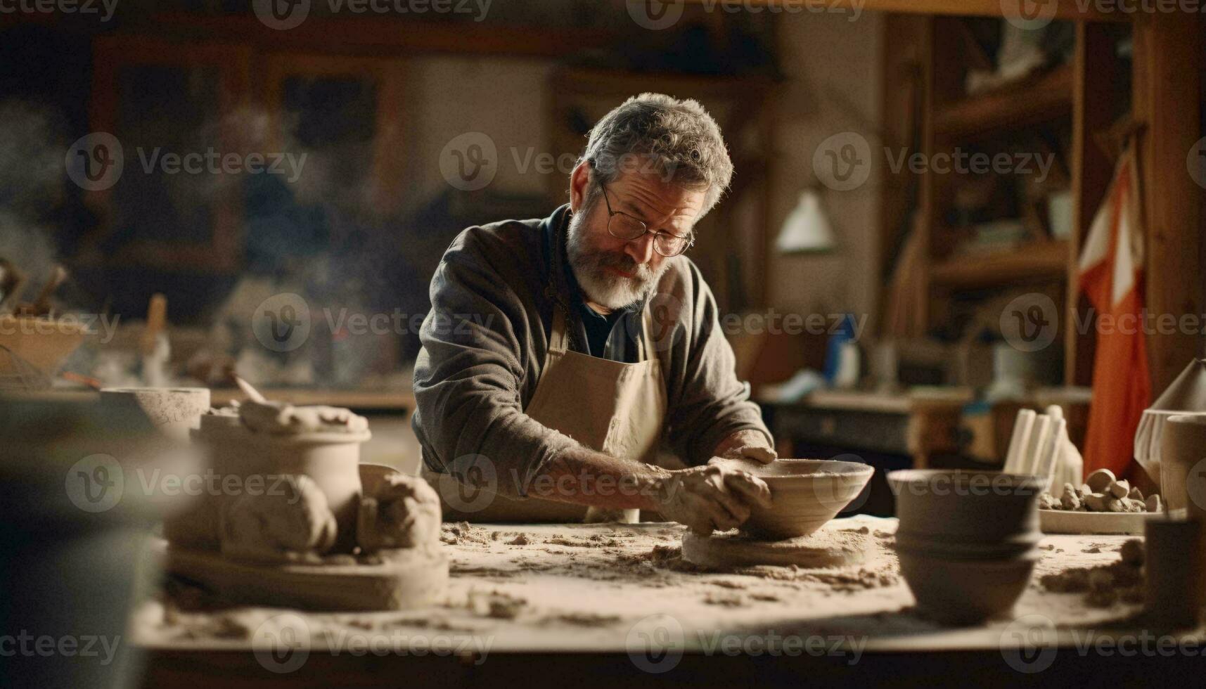 uma homem construindo cerâmica dentro uma vibrante cerâmica estúdio ai gerado foto